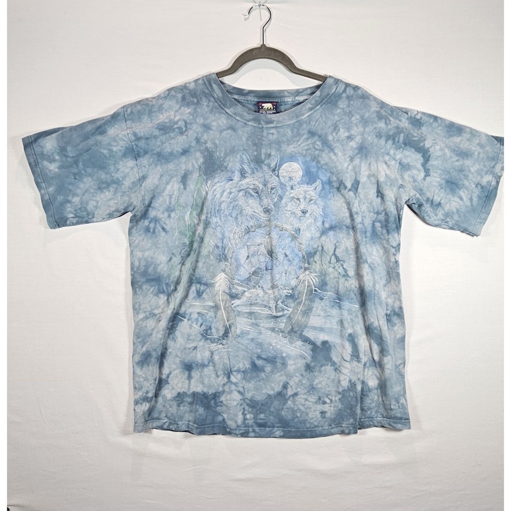 Vintage POLAR Wolf Dreamcatcher T Shirt Blue Tie Dye 90s Graphic Large Nature